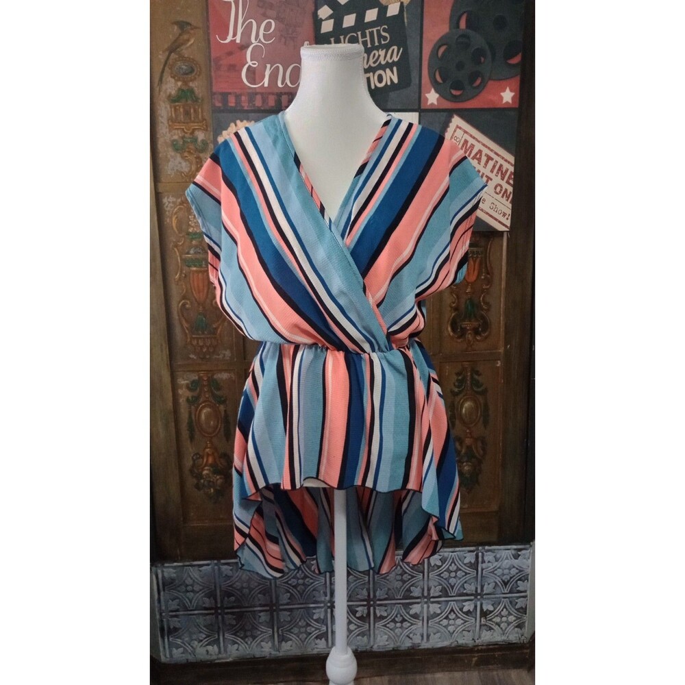 Discreet Women’s Striped Hi-Low Wrap Blouse Top S V Neck Ruffle Elastic Chiffon